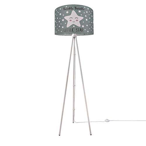 Paco Home Luminaria Habitación Infantil Lámpara De Pie LED Estrellas Deco Lámpara Pie E27, Base de la lámpara: Tres Patas Blanco, Pantalla de lámpara: Gris (Ø45.5 cm)