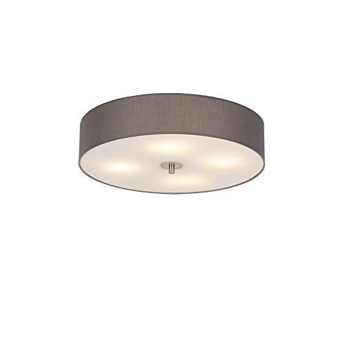 QAZQA Moderno Plafón country gris 50 cm - Tambor Vidrio/Textil/Acero Redonda Adecuado para LED Max. 4 x 40 Watt