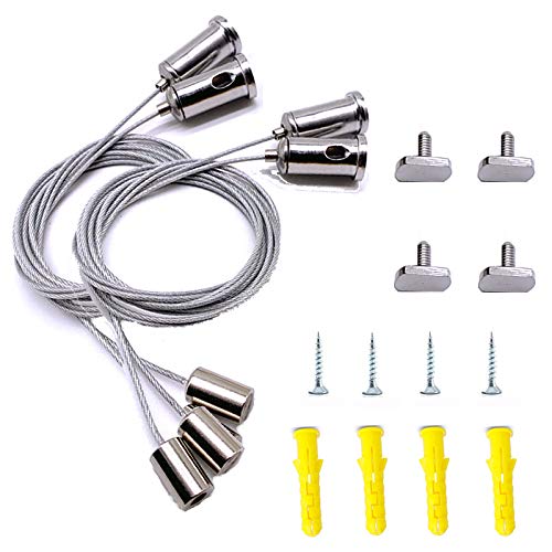 Qiwenr 4Pcs Juego de Cable de Suspensión de Acero Inoxidable，Kit de Luces para Exteriore Kit de Suspensión de Cuerda 1.5MM*1M,para Colgar Cuadros Cartelera Panel LED o Luces de Bricolaje,Máximo 20 kg