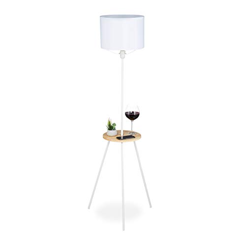 Relaxdays Lámpara de pie con mesa, 158 x 52 x 52 cm, E27, diseño escandinavo, madera y metal, lámpara de tres patas, color blanco