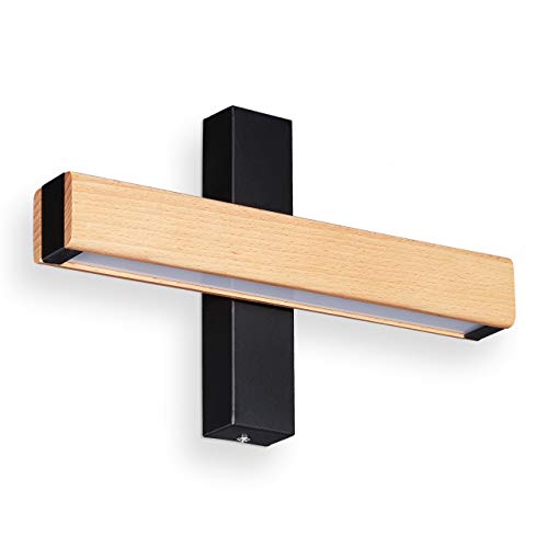 Relaxdays Lámpara Pared LED, Luz Indirecta, Aplique para Pasillo y Escaleras, Hierro-Madera-Cristal, 4,5x31x8 cm, Negro