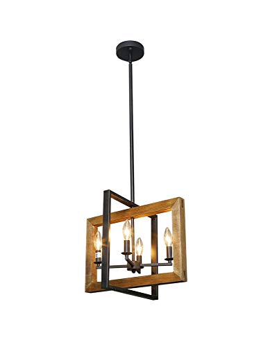 Retro Madera Iluminación Colgante, Rectángulo Industria Clásico Vela Lámparas De Araña, Metal Negro 4 Luces E14 Sala Dormitorio Cocina Restaurante Techo Luces Colgantes