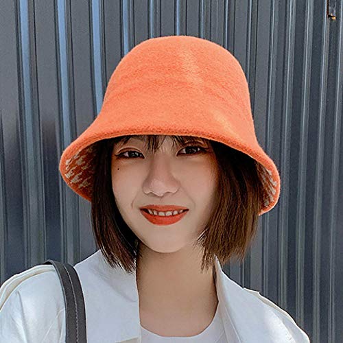 Roshow Sombrero de Pescador Femenino otoño e Invierno versión Coreana Marea Salvaje japonés Dulce y Lindo ins Sombrero de Cubo de Lana de Color sólido Sombrero de Lavabo-Talla única (56-58cm)_Naranja