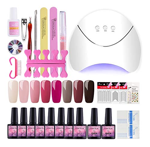 Saint-Acior 8pcs Esmalte Semipermanente Soak off 8ml Esmalte de Uñas 36W UV/LED Lámpara Uñas Top Coat Base Coat Kit para Manicura