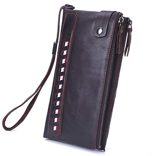 Serious Lamp Bolso de Hombre Marrón, Billetera Larga con Cremallera de Cuero, Cartera de Mano para Negocios, Porta Teléfono, Bolso de Mano