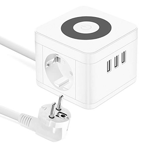 UOOGOU USB Regletas Enchufes, Cube Tomas con 3 USB Puertos y 2 Tomas, Alargador Ladron Enchufes Multiple con Lámpara de Noche Táctil para el Dormitorio, la Oficina, Blanco