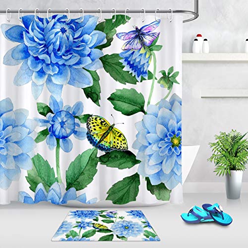 XCBN Cortina de baño de Tela Impermeable Mariposa para Cortina de baño Flor Azul Hoja Verde Cortina de Ducha de Playa con Gancho A1 200x200cm