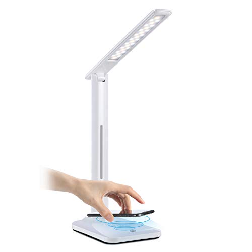 YISUN Lámpara Escritorio LED, Carga Inalámbrica Wireless y Puerto USB,6 niveles de luminosidad 3 modos, Cuidado Ocular, Blanco Lámpara Plegable con control táctil, Bajo Consumo