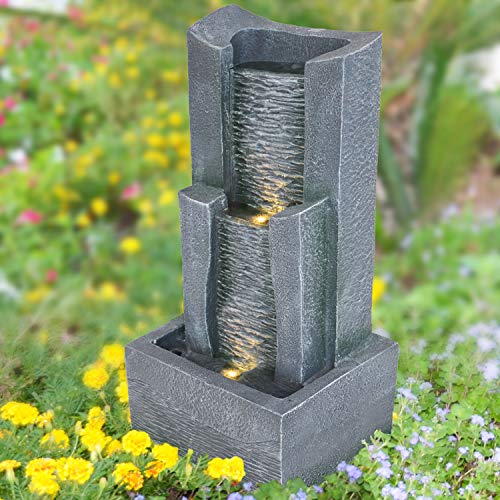 -, Gartenbrunnen 3-Stufige STEIN-KASKADE mit LED-Licht