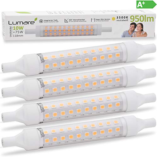 4x Lumare R7s LED 10W 118mm 230V Foco Capacidad equivalente a 75W bombilla halógena Foco Bombilla para halógeno (3500 K blanco cálido hasta blanco neutro)