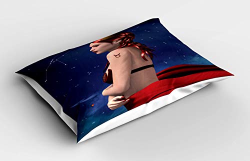 ABAKUHAUS Zodíaco Funda de Almohada, Taurus niña Cuernos sesión, Decorativa de Suave Microfibra Estampada Lavable, 80 cm x 40 cm, Azul Marino Rojo Marrón