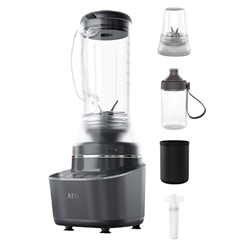 AEG CB7-1-8MTM Batidora de Vaso Compact, 2 Programas,Botella portátil, Funda Térmica, Tubo Refrigerante, Picadora, Apta Lavavajillas,2 Velocidades, 900W, Jarra capacidad de 0.6L, Negro