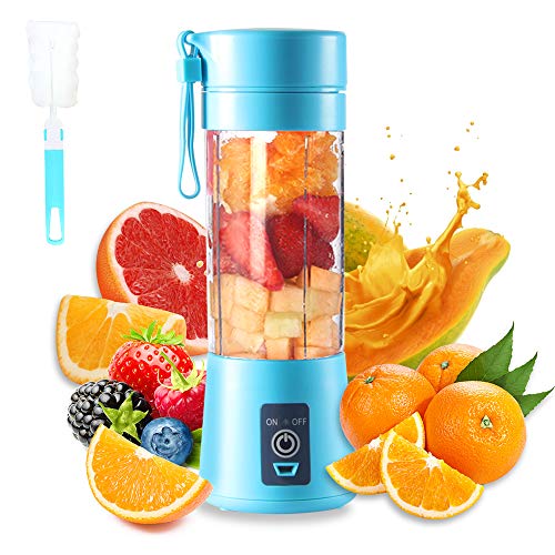 Batidora portatil, Electrico USB Juicer Mini Licuadora Taza de Jugo Maquina de Exprimidor de Botellas de Agua de 380 ml Con 6 Cuchillas, Smoothies, Bateria Recargable de 2000 mAh (Azul)