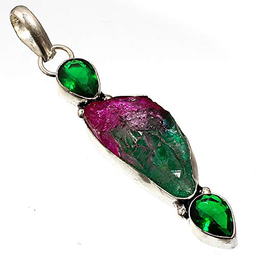 Bi-Color Tourmaline,Chrome Diopside Gemstone 925 Silver Plated Jewelry Handmade Ethnic Jewelry Pendant For Girls and Womens (Length - 2.54 Inch) (ZC-154) Wedding Jewelry