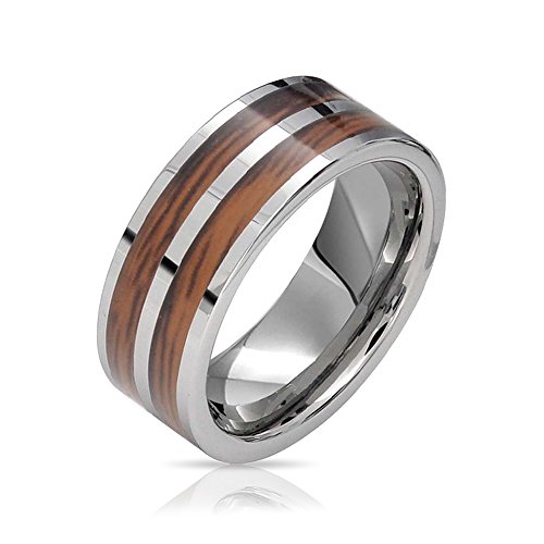 Bling Jewelry Fila Doble Banda De Boda En Madera Koa Anillos De Tungsteno para Hombres Y para Mujer Y Ajuste Confort Tono Plata 8Mm