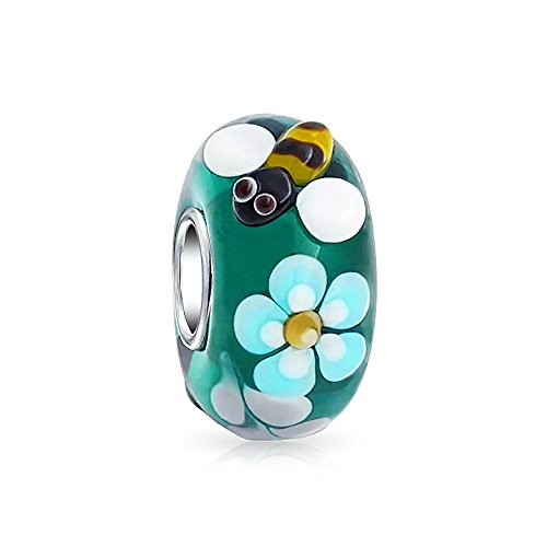 Bling Jewelry Teal Plata Cristal De Murano Lampwork Flor Abeja 925 Core Abalorio Separador El Encanto Parapulsera Europea para Mujer