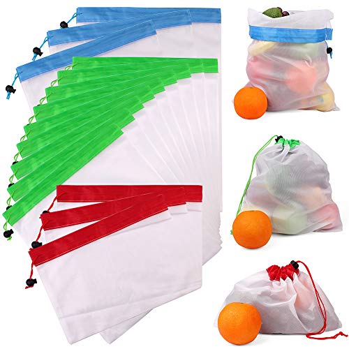 Bolsas Compra Reutilizables Ecológicas Bolsa de Malla para Almacenamiento Fruta Verduras Juguetes Lavable y Transpirable, 15 Set (3L+9M+3S)