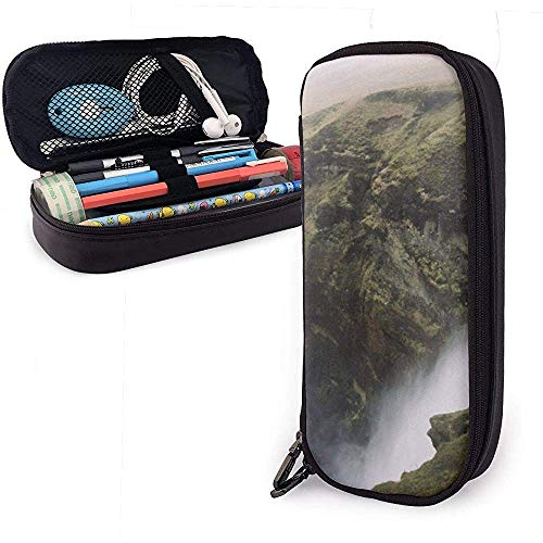 Cascada en la ladera Lindo estuche para lápices Bolígrafo de cuero Gran capacidad Cremalleras dobles Bolso para lápices Bolso Estuche para lápices 20cm * 9cm * 4cm