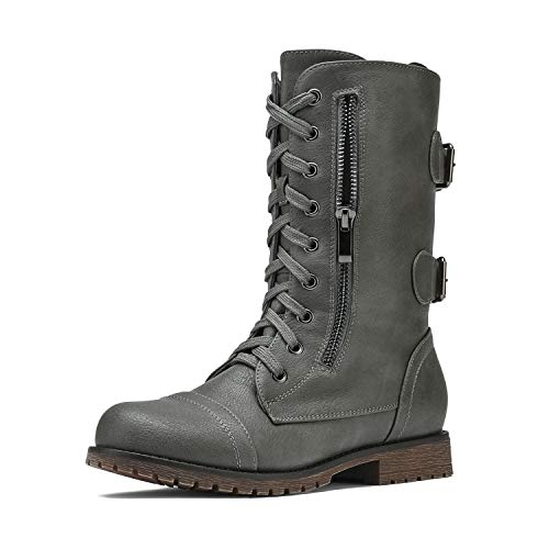 Dream Pairs Terran Mujer Bolsillo Exterior Cremallera Combate Militar Moda Invierno Mitad Pantorrilla Botas Gris 39.5 EU/8.5 US