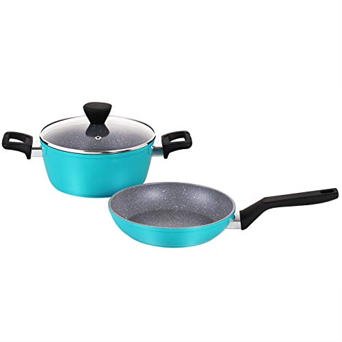 EPPMO Juego de Cocina Antiadherente, Batería de Olla y Sartene de Aluminio con Recubrimiento de Mármol sin PFOA, Inducción Compatible, Apta para Lavavajillas y Horno, 3 Piezas