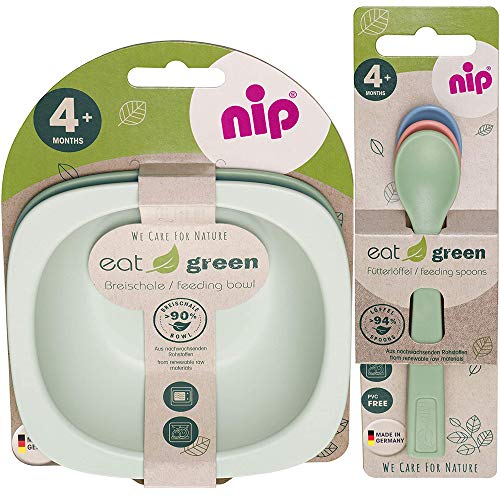 Juego de vajilla NIP ecológica ecológica a partir de 4. Monat, 2 cuenco + 3 cucharas Eat Green ecológicas, sin melamina, sin BPA, apto para lavavajillas, apto para microondas, fabricado en Alemania