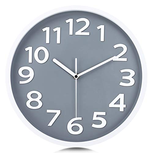 Lafocuse Reloj de Pared Gris Claro Números 3D Grandes Reloj de Cuarzo Educativo Silencioso Fácil de Leer para Niños Salon Habitacion Escuela 30cm