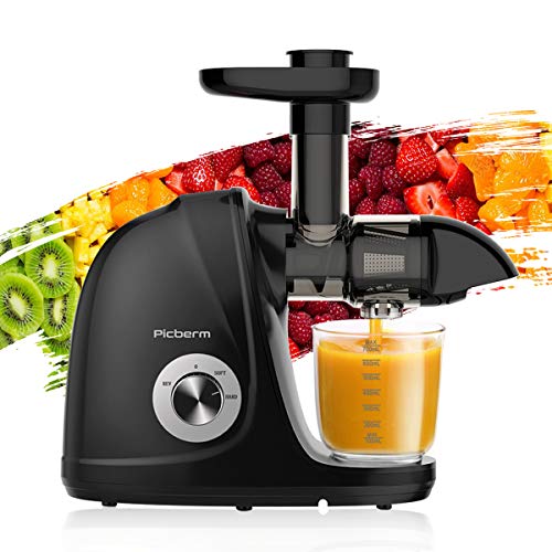 Licuadora de zumo Slow Juicer para verduras y frutas, sin BPA, fácil limpieza con motor silencioso y función inversa, cepillo de limpieza y recetas, color negro