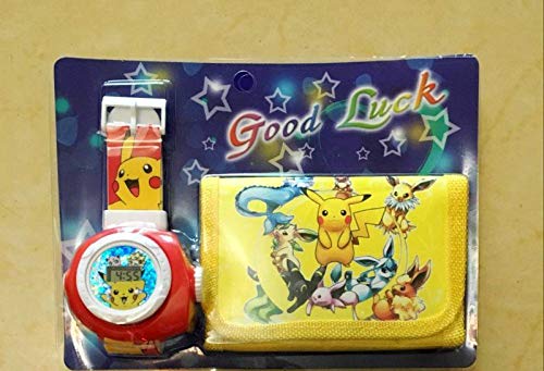 LIJIA Reloj Pokemon Pokemon Pikachu Prize Pokemon Watch Wallet Set Reloj de proyección Pokémon para niños