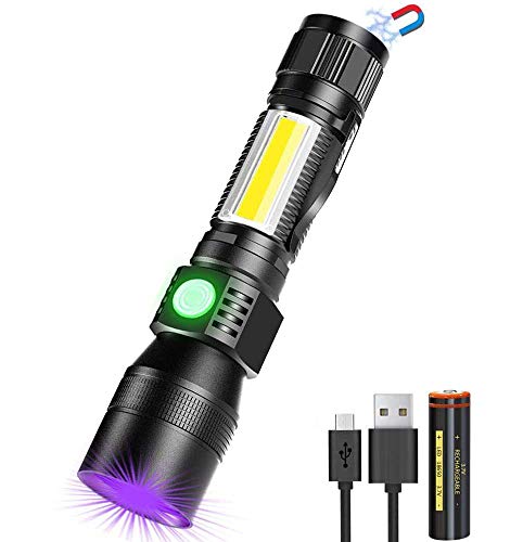 Linterna UV 3 en 1, linterna LED, USB, recargable, magnética, con zoom, banral, resistente al agua, lámpara de trabajo COB, 7 modos, 395 nm, detector de orina para mascotas (1 unidad)