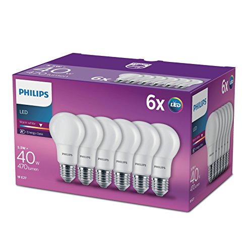 Philips - bombilla E27, rosca Edison, LED, 230 V – blanco cálido, efecto escarchado, sintético, E27, 5.5 wattsW 240 voltsV