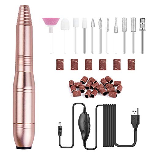 Pulidor Eléctrico Torno Limado Profesional para Uñas Manicura USB Pedicura Limador de Cutículas Kit 2000 RPM Velocidad Ajustable Lijado Pulido 26 Bandas Abrasivas 11 PCS Brocas de Pulido para Tallado