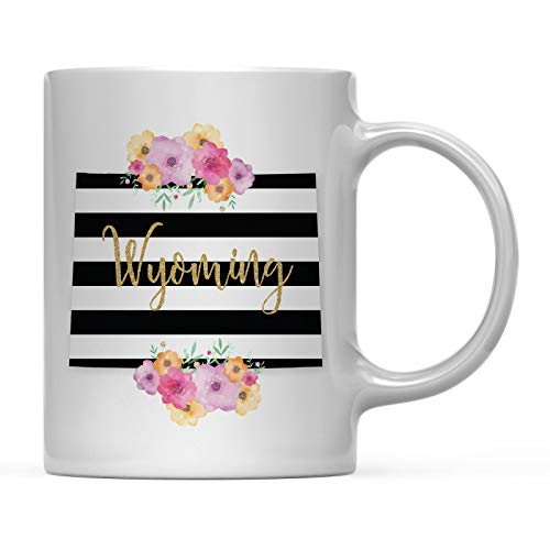 Regalo de Taza de café del Estado de EE. UU, Flores Florales de Rayas Blancas y Negras Modernas, Wyoming, anfitriona de mudanza, Nuevo hogar, Regalo de Amistad a Distancia de Navidad para Ella, 11 oz