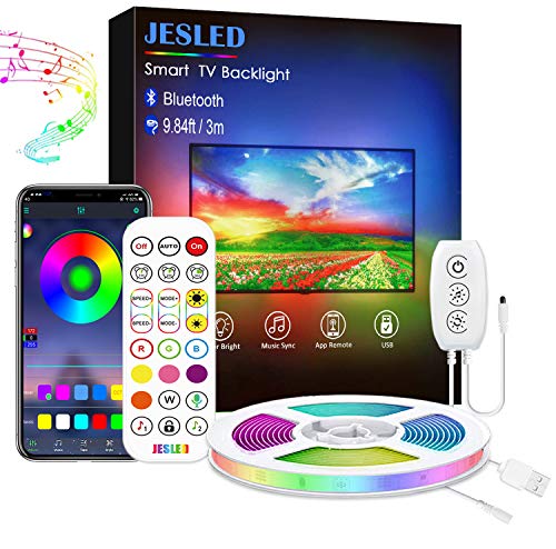 Tira LED TV 3M, JESLED Luces LED RGB Retroiluminación con Control App, Con 29 modos, 16 millones de colores de bricolaje, adecuado para TV y PC de 45-60 pulgadas