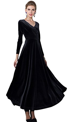 Urban GoCo Mujeres Vestidos Terciopelo Largo Elegante V-Cuello Manga Larga Maxi Vestidos para Cóctel Fiesta (L, Negro)