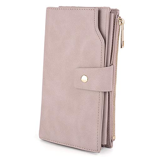 UTO - Mujer Cartera de Bloqueo de RFID PU Cuero Monedero Largo 21 Ranuras para Tarjetas Monedero Gran Capacidad Bolsillo para Móvil Rosa Claro