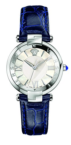 Versace Reloj de mujer Reve de acero inoxidable de cuarzo suizo con correa de piel de becerro, azul, 18 (Modelo: VAI010016)