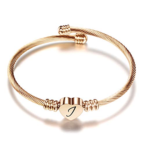 VQYSKO Pulsera Mujer Corazón Inicial 26 Letras A-Z Grabado Laser Personalizadas Acero Inoxidable Regalo Sorpresa único（con Caja） (Oro Rosa, B)