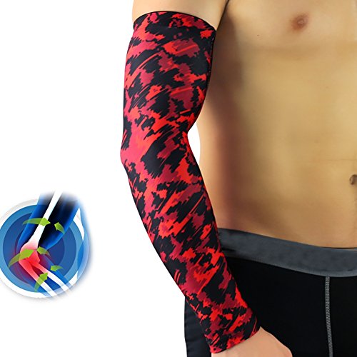 Aesy Sports Manguitos, 1 Pcs Codo Pads Manga Poliéster Spandex Respirable Anti Resbalón Quitasol Elástico Brazos Envolver Protector, para Ciclismo/Golf/Baloncesto (M, Boceto Rojo)