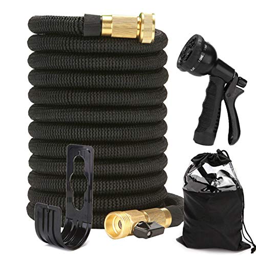 CLGTY Extensible Manguera De Jardin 25FT 50FT 75FT 100FT, Flexible Manguera De Agua con Accesorio De Latón Y 8 Funciones Pistola De Pulverización para Regar, Lavado, Limpieza-negro-30Metro(100ft)