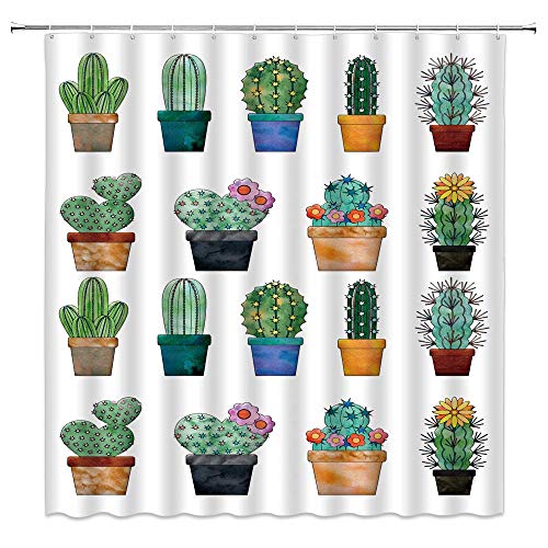 Cortinas de ducha de cactus, macetas pequeñas, acuarela, plantas de cactus, cactus tropicales, suculentas, mexicanas, picos de Texas, flores de cactus, flor, planta del desierto, tela, cortina de baño