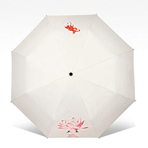 Dingziyue Patrón de Loto sombrilla Impermeable al Aire Libre Paraguas Plegable de Tres Paraguas de protección UV de Viajes (Color : White)