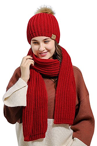 Dolamen Unisex Mujer Hombre Bufanda y Gorro Set, Mujer Lana de invierno lujosa ligera y suave Beanie Sombrero Bufanda, Gorro de Pañuelo suave cálido para otoño invierno (Rojo)