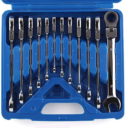 Femor Juego de 12 llaves combinadas con cabeza flexible y carraca métrica, 8-19 mm, con maletín de herramientas, color azul