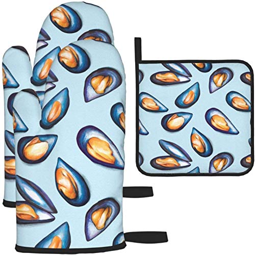 Food Food Pattern Mejillones Mariscos Guantes para horno y porta ollas Guantes antideslizantes resistentes al calor para horno de cocina para cocinar, hornear, asar a la parrilla, asar a la parrilla