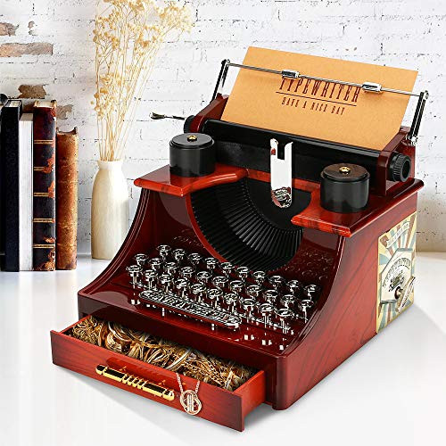 Maxjaa Caja de música vintage con interruptor de cajón y tarjeta, modelo de mini máquina de escribir, adorno de escritorio para almacenamiento de joyas en Navidad, cumpleaños, festivales