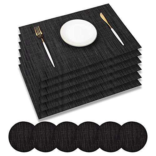 Pesonlook 12piezas de manteles Individuales de PVC Resistentes al Calor, manteles Individuales de Vinilo Tejido, Antideslizantes, para Mesa y Juegos de Posavasos para, (6manteles+6posavasos, Negro)