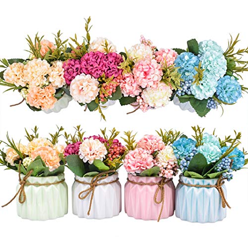 Plantas de flores artificiales - Mini flores de hortensias falsas en maceta para decoración del hogar Fiesta Boda Oficina Mesa Decoración de escritorio, 4 piezas