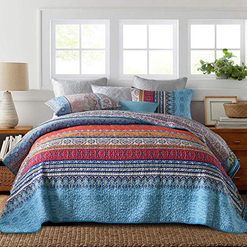 Qucover Cubrecama Verano para Cama 150,Colcha Acolchada con 2 Fundas de Almohada bouti de piqué,100% Algodón Estilo Bohemio étnico para Cama Matrimonio Cama 135, Reversible como Sabana o Manta