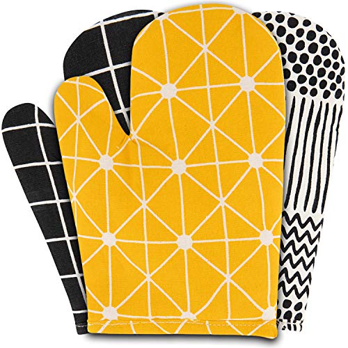 Sophie Nordinn ® Guantes de horno con líneas amarillas – resistentes al calor (juego de 2) – Guantes para horno – Guantes de horno de alta calidad – Manoplas para horno