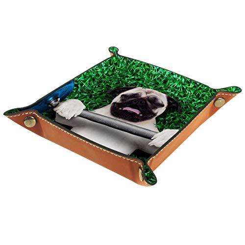 AITAI Bandeja de valet de piel vegana para mesita de noche, organizador de escritorio, plato de almacenamiento Catchall Pugdog Entrenador de levantamiento cansado